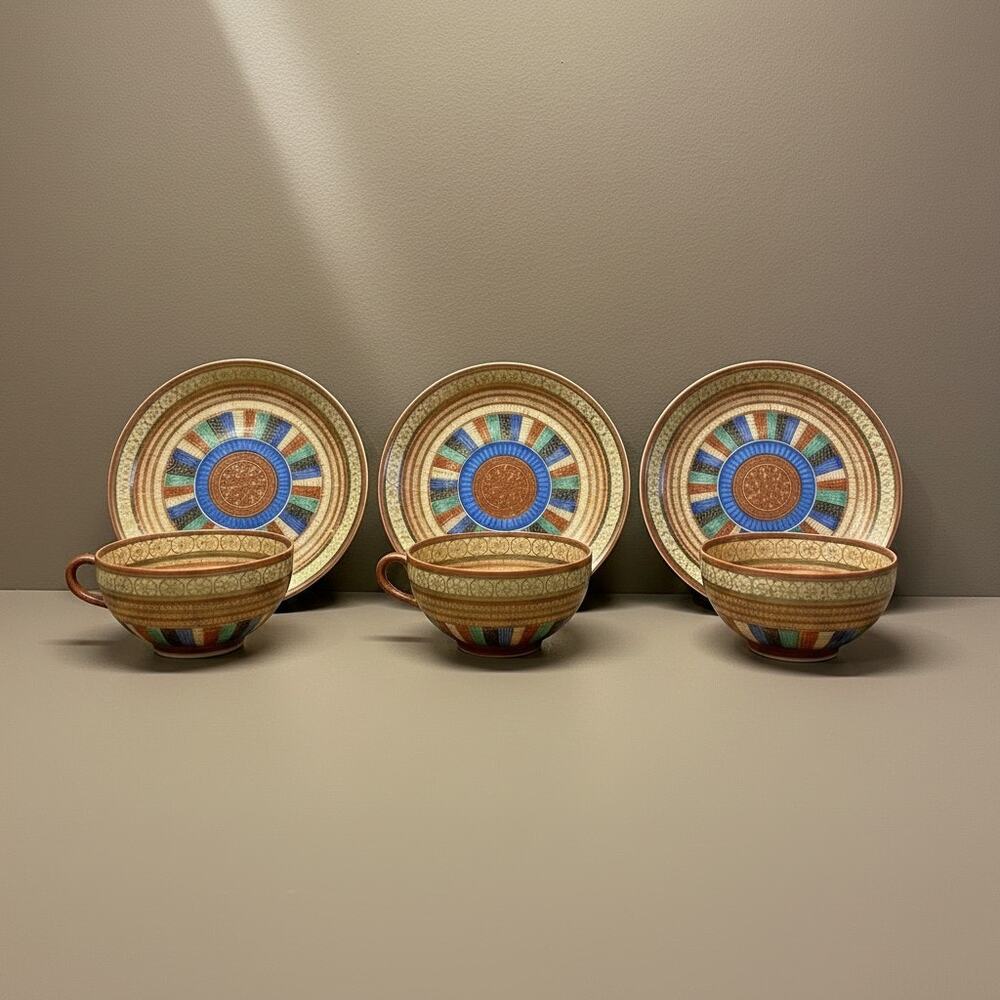 Antique Japanese 1000 Faces Porcelain Tea Cups & Saucers-Set of 3-Art Deco-Asian